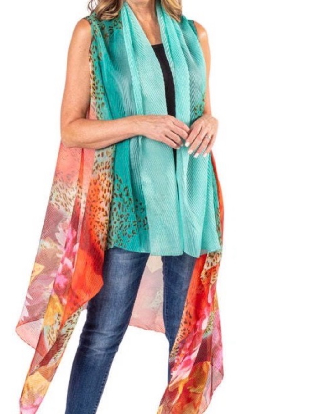 NWT Linda Anderson Love Your Style Chiffon Pleated Aqua & Coral Kimona One Size